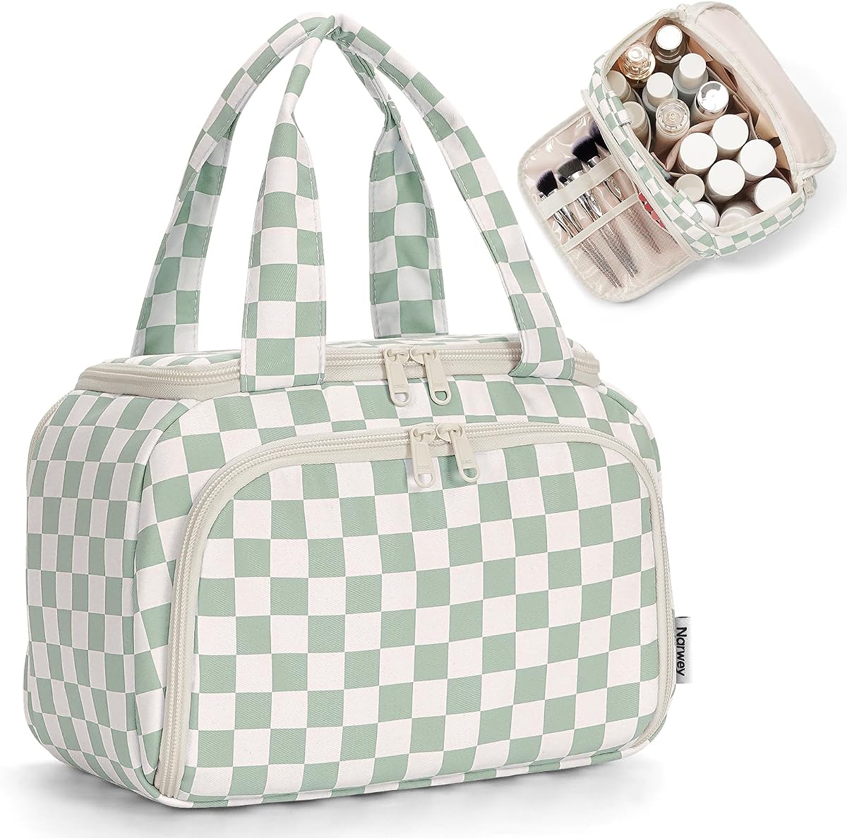 Neceser de viaje a cuadros para mujer, bolsa de maquillaje grande, organizador de maquillaje cosmético abierto con asa, bolsa de viaje para artículos de tocador, elementos esenciales, accesorios (tablero de ajedrez verde menta)