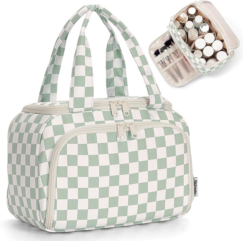 Necessaire de viagem Narwey com compartimentos e divisória ajustável, estampa xadrez Mint Green Checkerboard