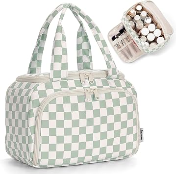 Narwey Checkered Travel Toiletry Bag for Women Large Makeup Bag, Wide-open Cosmetic Make Up Organizer with Handle, Travel Bag for Toiletries, Essentials, Accessories Mint Green Checkerboard