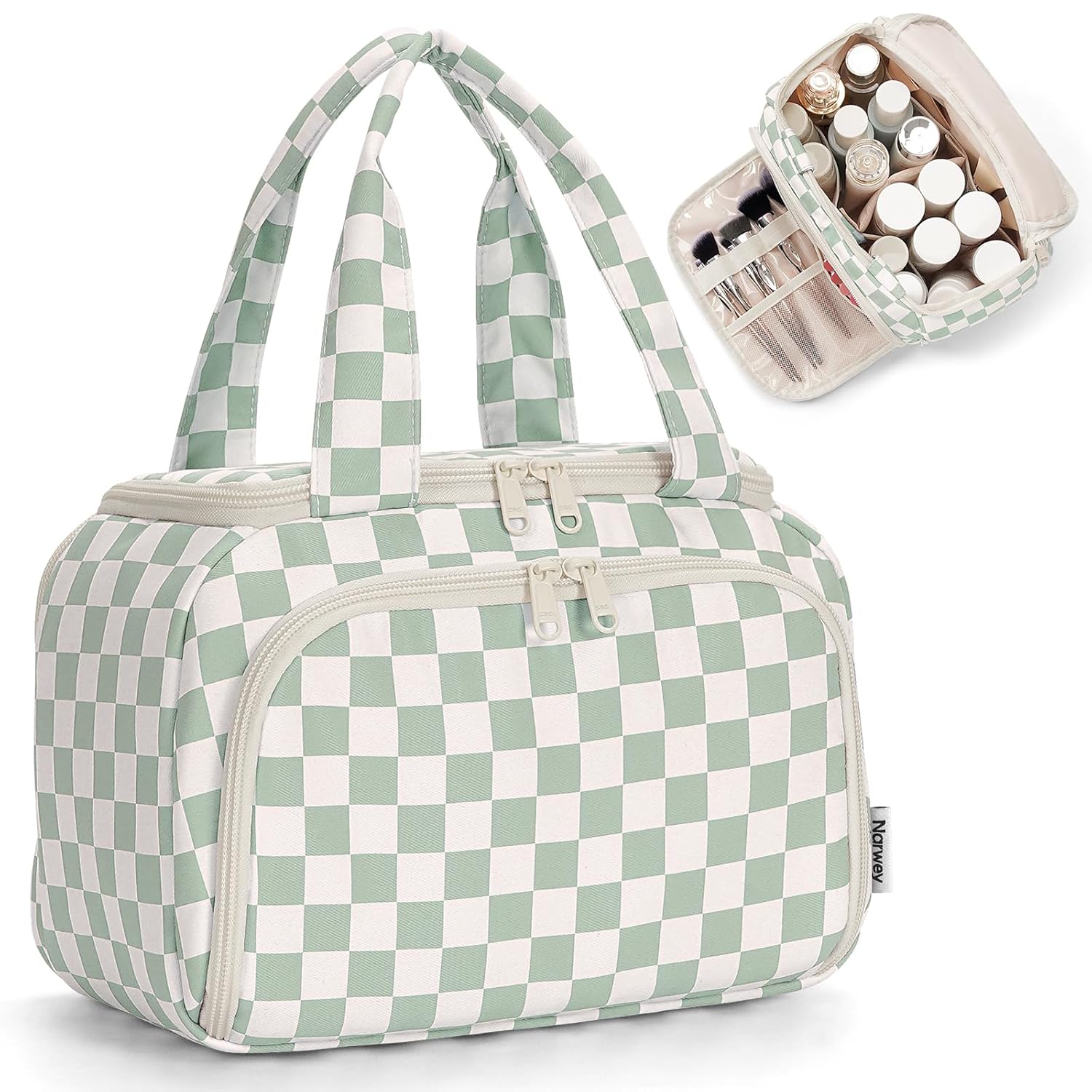 Narwey Checkered Travel Toiletry Bag for Women Large Makeup Bag Wide-open Cosmetic Make Up Organizer with Handle Travel