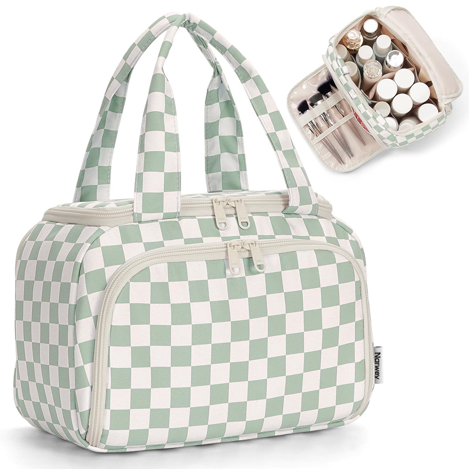 Narwey Checkered Travel Toiletry Bag for Women Large Makeup Bag Wide-open Cosmetic Make Up Organizer with Handle Travel