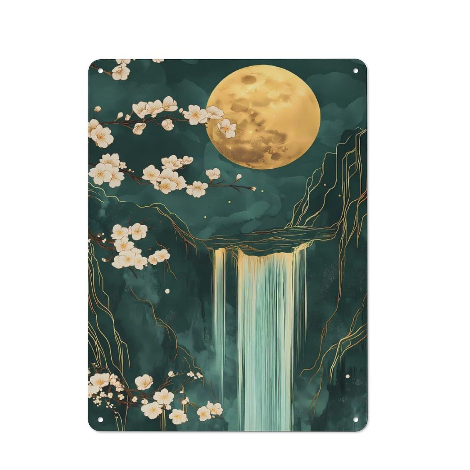Junmoney Waterfall Moon Cehrry Blossom Japanese Landsc Ape Rustic Metal Sign 40X30cm For Guest Room Or Hallway, Suited To Hallway Wall Decor Fans