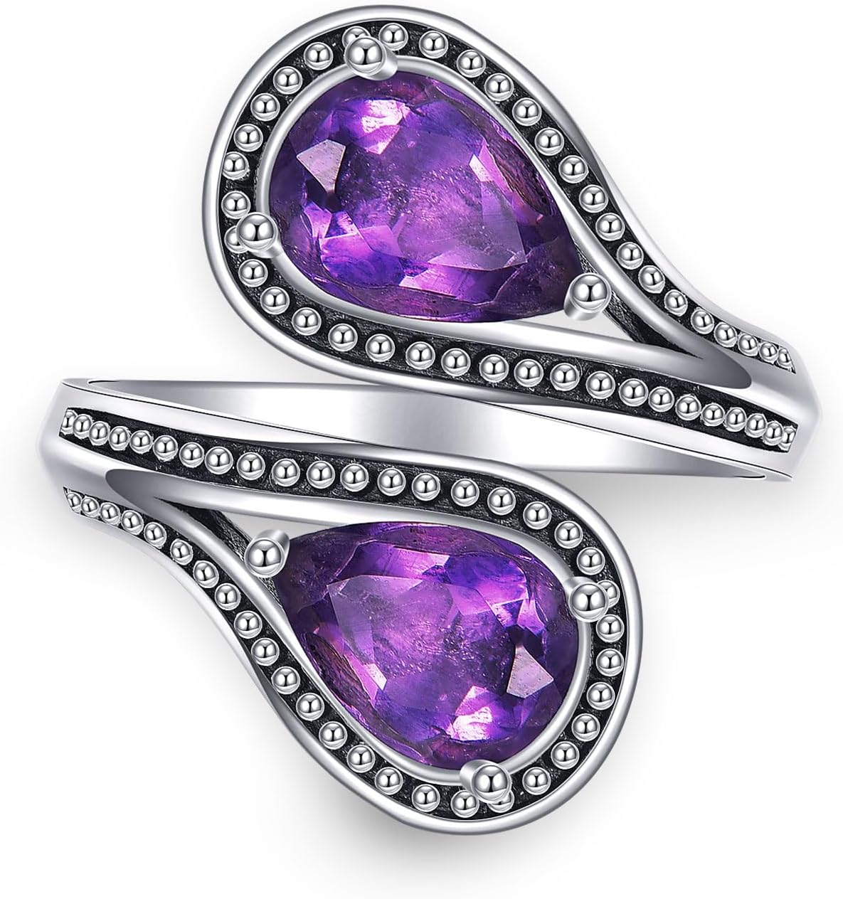 Genuine Amethyst Spoon Rings for Women 925 Sterling Silver Real Amethyst Open Adjustment Ring Flower Leaf Vintage Jewelry for Her Wife Mom