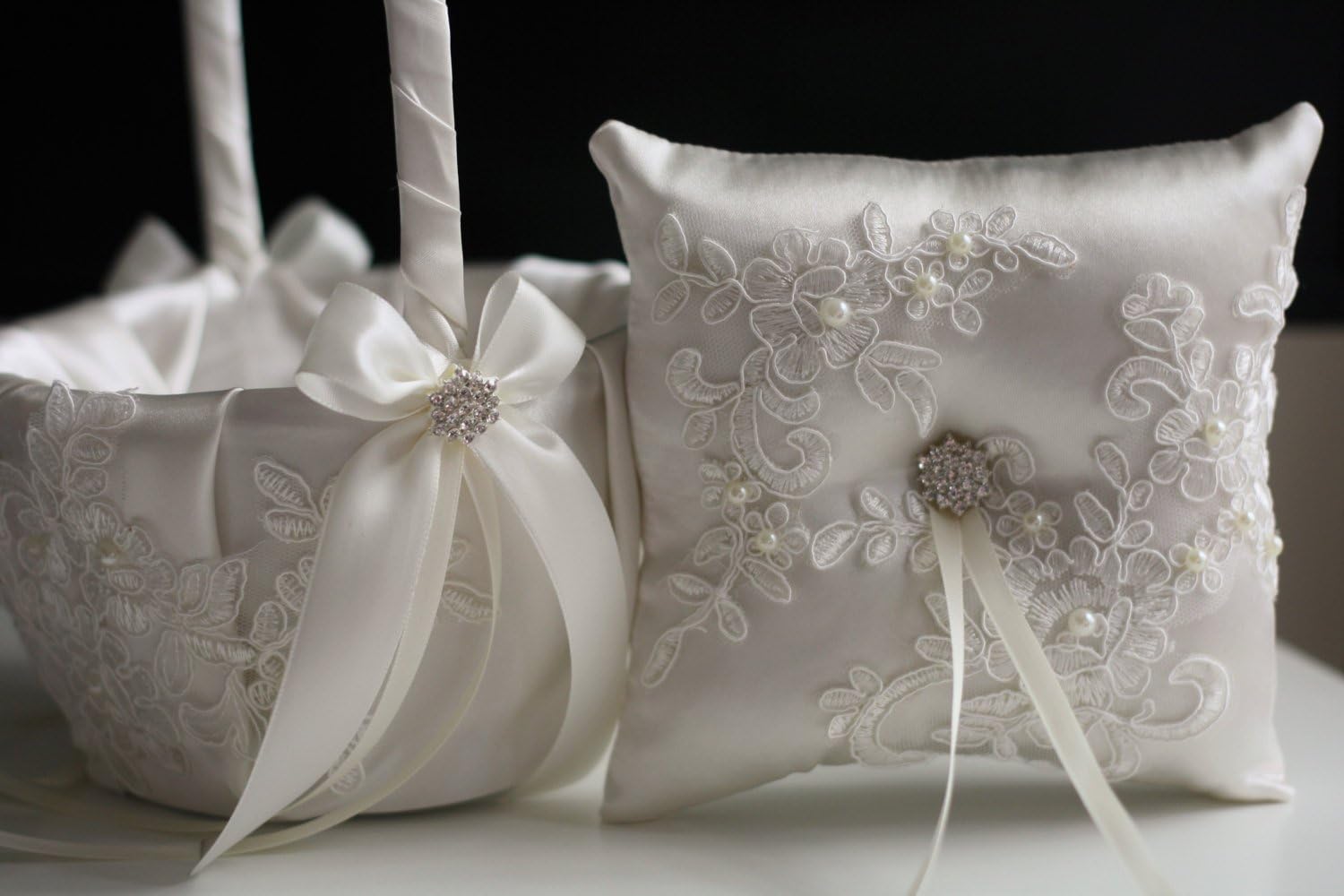 | Lace Applique Collection | Off White Ring Bearer Pillow & Wedding Flower Girl Basket Set