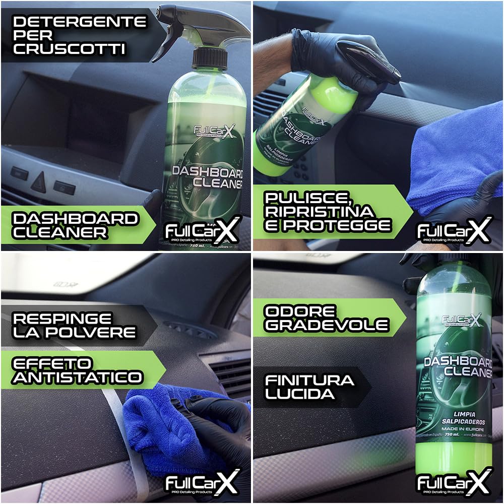 FULLCARX Kit Interno Pulizia Auto, Pulitore Lava Tappezzeria Sedili Tessuto, Lucida Cruscotto e Reinnova Plastiche, APC Pronto per l'Uso, Detergente Vetri Schermi, Prodotti Detailing Professionale