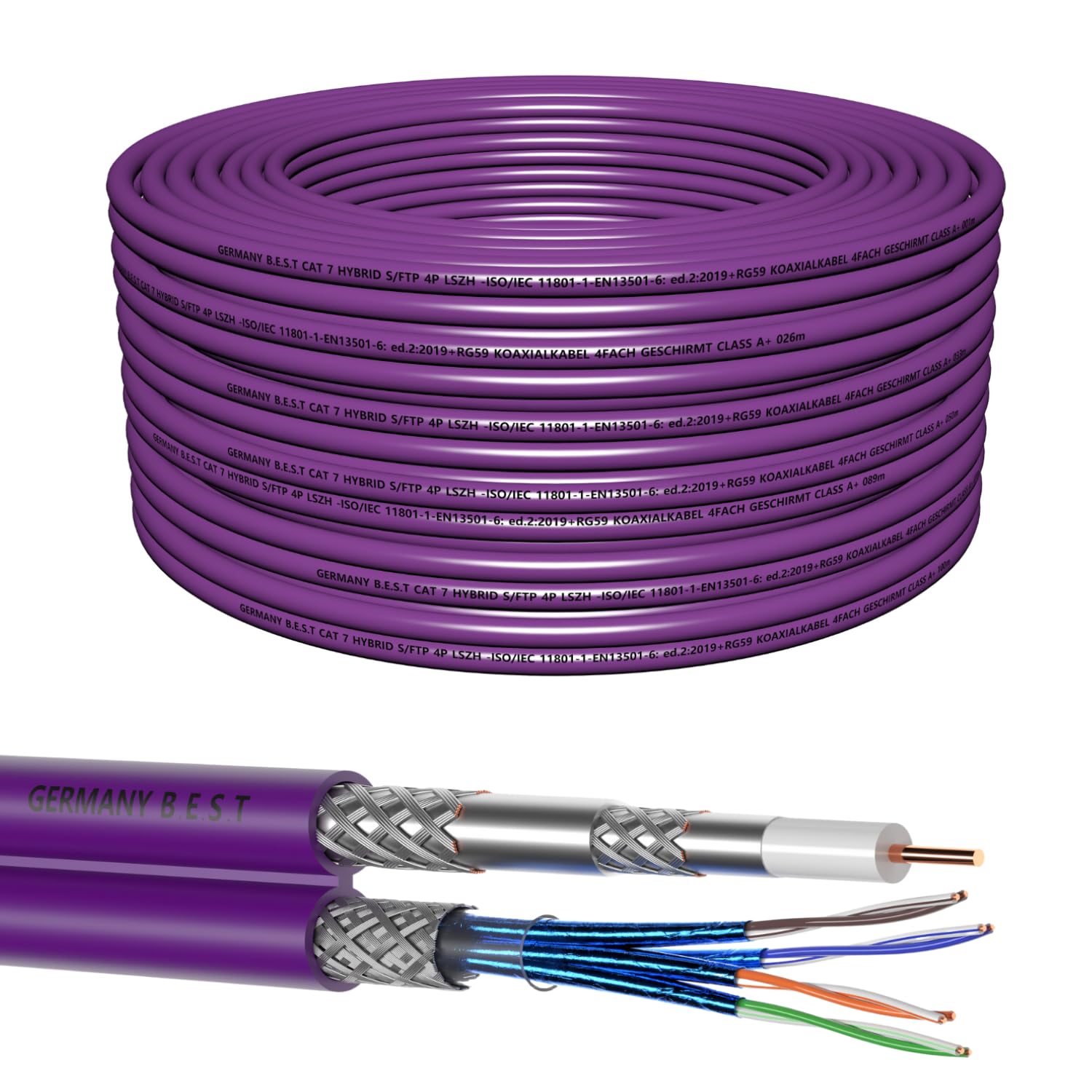 Germany B.e.s.t Cat7 LAN Netzwerkkabel + Sat Kabel Hybridkabel 50M 10 Gbit/s –& Koaxialkabel 4-fach Abschirmung – für Streaming, Online-Gaming, Kamerasysteme, Satellitenempfang – Flexibel, Robust