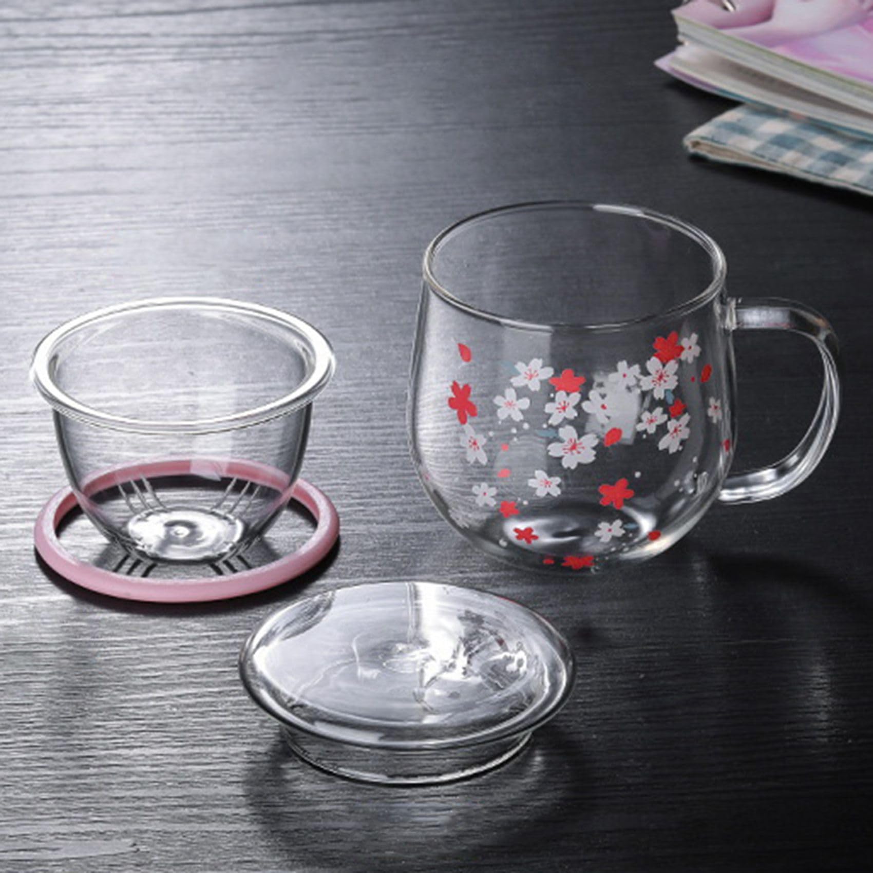 3X Tasse Tasse en Verre avec Infuseur à Thé Filtre et Couvercle Fleurs de Cerisier Tasse Ensemble Fleurs Fleur Tasse à Thé 300Ml Verres à Boire