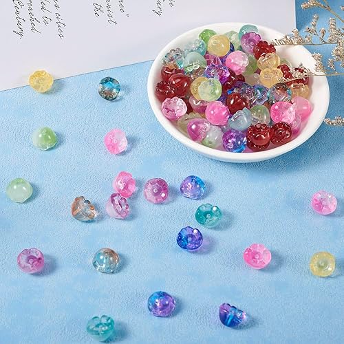 Vista 171 de FASHEWELRY 10 cuentas de cristal hechas a mano, cuentas florales de cristal, cuentas espaciadoras de flores de trompeta transparentes, cuentas