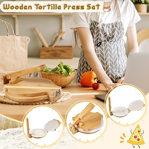 Miniatura 5 de El juego de prensa de tortillera de madera incluye 1 prensa de tortillera mexicana giratoria de 10 pulgadas, 200 papel pergamino, 1 cortador de