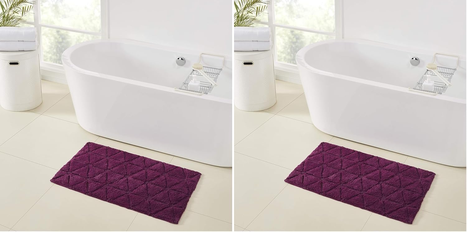 Refinery29 | Jagger Collection | Luxury Diamond Chenille Bath Rug, Non-Slip, Absorbent Plush Bath Mat for Tub, Shower and Bathroom, Machine Washable Cotton (21"X 34", Purple) (Pack of 2)
