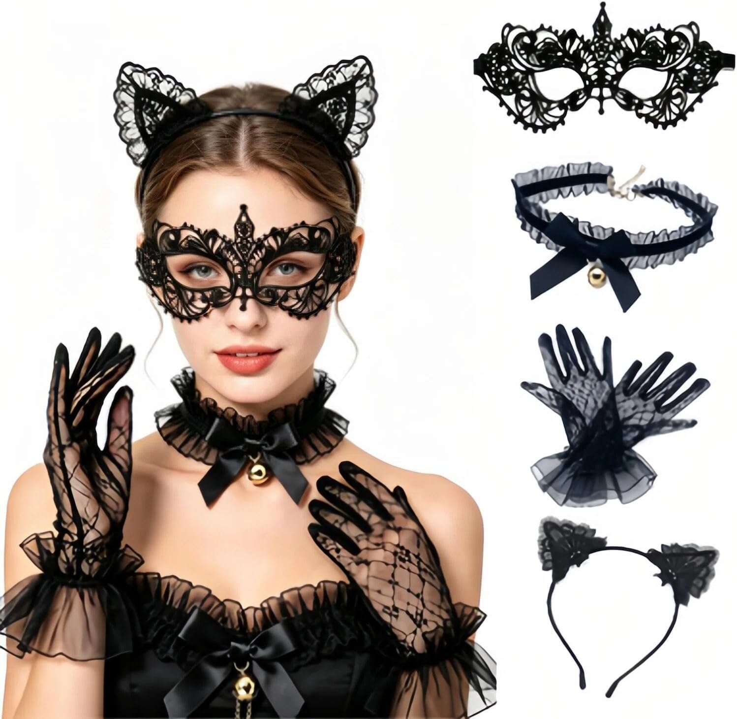 Cat Masquerade Mask Lace cat ears Headband Women Party Halloween