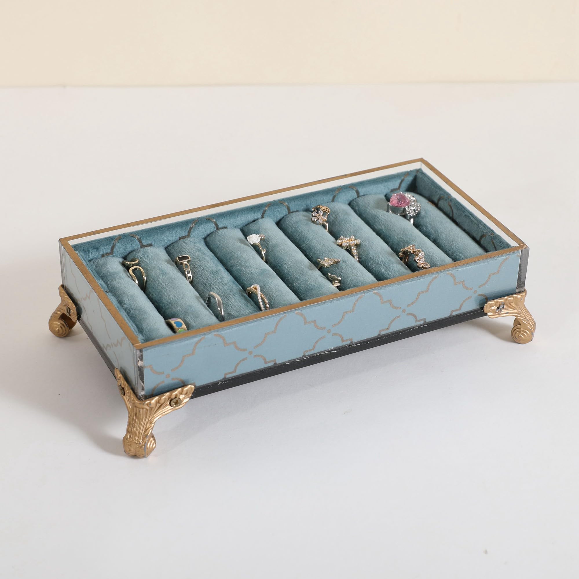 Gemeshou Light Blue Velvet Slots Ring Holder For Jewelry Organizer, Earring Ring Display Stand For Selling, Felt Ring Jewelry Holder Tray Showcase【Velvet Slots Ring Holder-】