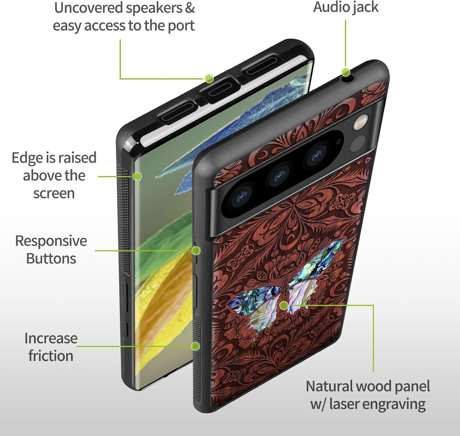 Carveit Designer Wooden Case for Google Pixel 8 Pro Case Cover [Wood Engraving & Shell Inlay] Compatible with Wireless Chargers Pixel 8 Pro (Baroque Butterfly-Rosy)
