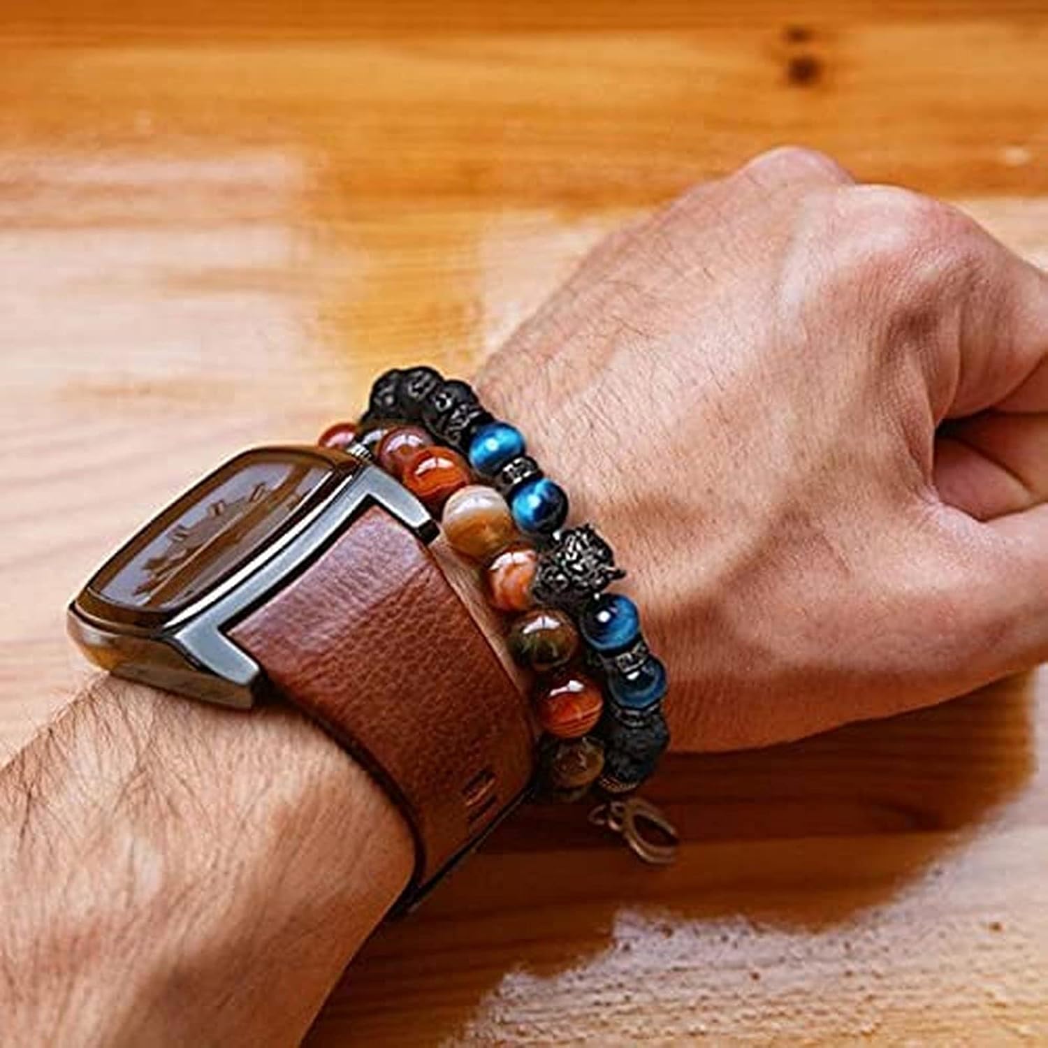3Pcs Save A Wolf Bracelet,Wolf Head Lava Rock Bracelet,Healing Crystal Stress Relief Anti Anxiety Energy Stone Beaded Bracelet,Adjustable Bracelet for Men (Set) - Image 4