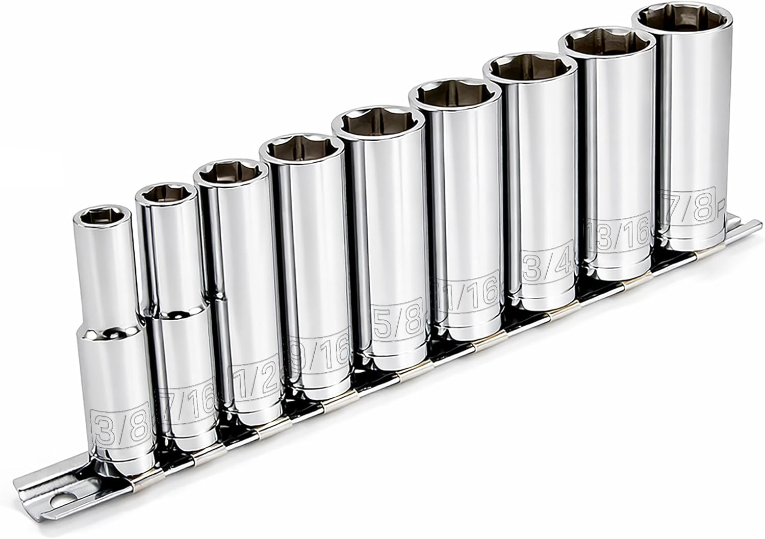 Powerbuilt 9 Piece 3/8-Inch Drive SAE Deep Socket Set, Sizes 3/8-Inch to 7/8-Inch, 6-Point Z-Drive, Chrome Vanadium Steel with Storage Rail - 641717