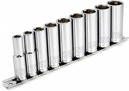 Powerbuilt 9 Piece 3/8-Inch Drive SAE Deep Socket Set, Sizes 3/8-Inch to 7/8-Inch, 6-Point Z-Drive, Chrome Vanadium Steel with Storage Rail - 641717