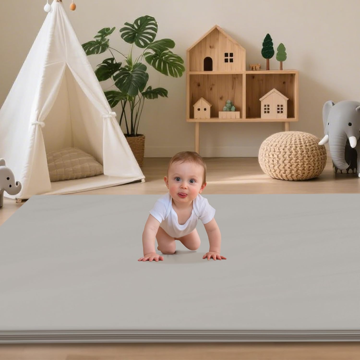 Baby Play Mat 71x55 Inches, Extra Thick 1.2" Foam Floor Mat for Tummy Time & Crawling, Waterproof Non-Slip Faux Leather Playpen Mat for Infants Toddlers, Indoor Outdoor Gym Activity, Gray