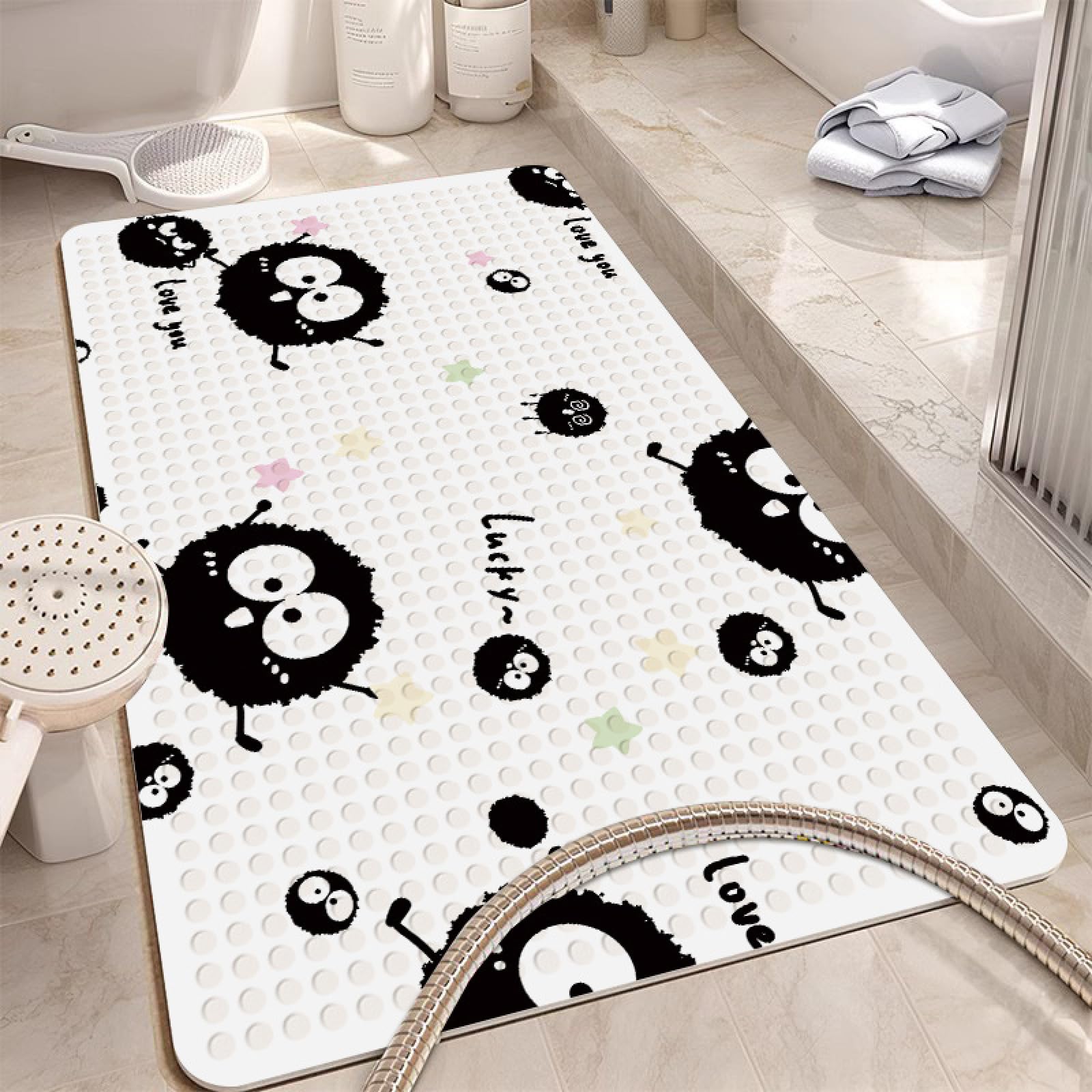 Tappeto Antiscivolo Doccia 60X90Cm Cartone Animato Nero Stampa Tappetino Bagno,Antiscivolo Per Tappeti Vasca,Per Tappeti Lavabile In Lavatrice,Resistente Materiale Pvc Con Ventose