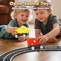 Vista 5 de Vehículo magnético de dinosaurios para niños pequeños de 3, 4, 5 años, bloques magnéticos, automóvil monstruo, 2 tapas de dinosaurio y 2 chasis