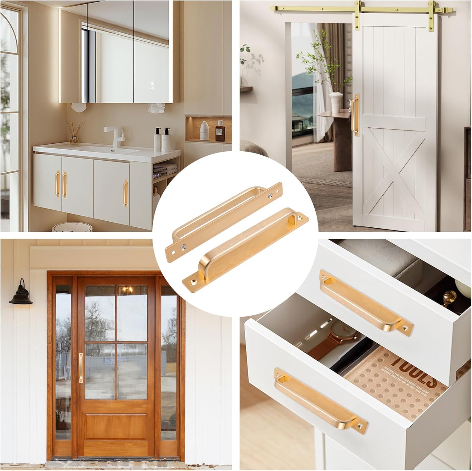 2Pcs Barn Door Handle Kitchen Cabinet Drawer Handle Sliding Barn Door Pull Aluminum Alloy Flush Flat Base Cabinet Panel Pull (7.56" Hole Center, Gold)