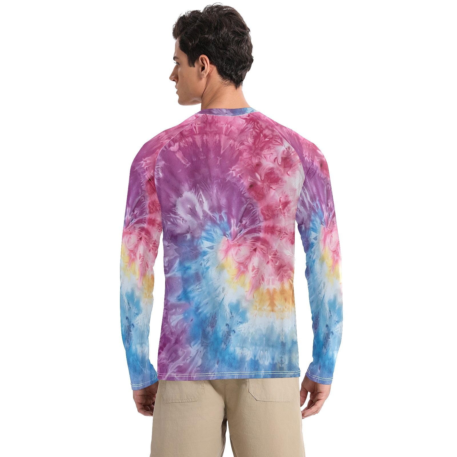 UPF 50+ Rash Guard for Men Long Sleeve Quick Dry Fishing T-Shirts UV Protection Sun Shirts, Rainbow Colored Tie Dye, Medium