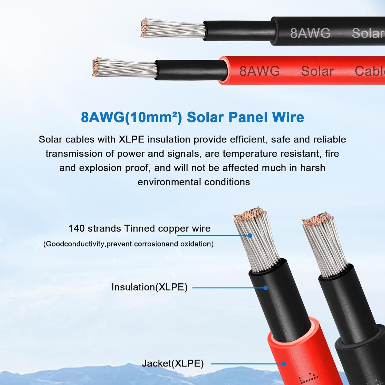 XRDS -RF 8AWG Solar Panel Wire 10mm², 2 Pack 150FT Red & Black Solar Extension Cable, PV Wire with Tinned Copper, Sunlight & UV Resistant, for Solar Panel, RV, Inverter, Battery, Off-Grid Systems 8AWG 150FT