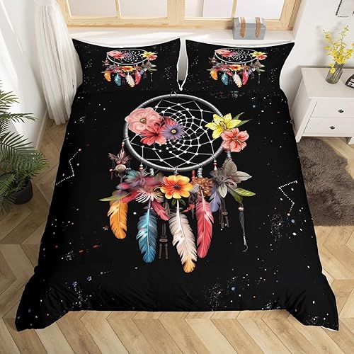 Erosebridal Juego de edredón bohemio de tamaño individual, juego de ropa de cama con diseño de plumas coloridas y flores en negro, juego de funda de