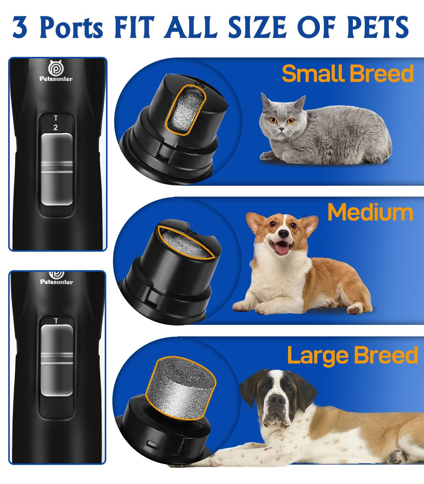 Dog Nail Grinder, 2-Speed and LED Light, Touch-Switch, TypeC, Quiet and Low-Vibration Dog Nail Trimmers, and 3 Ports for Large Dogs, Medium, Small Dogs Cats Pets with Hard or Thick Nail - image 6