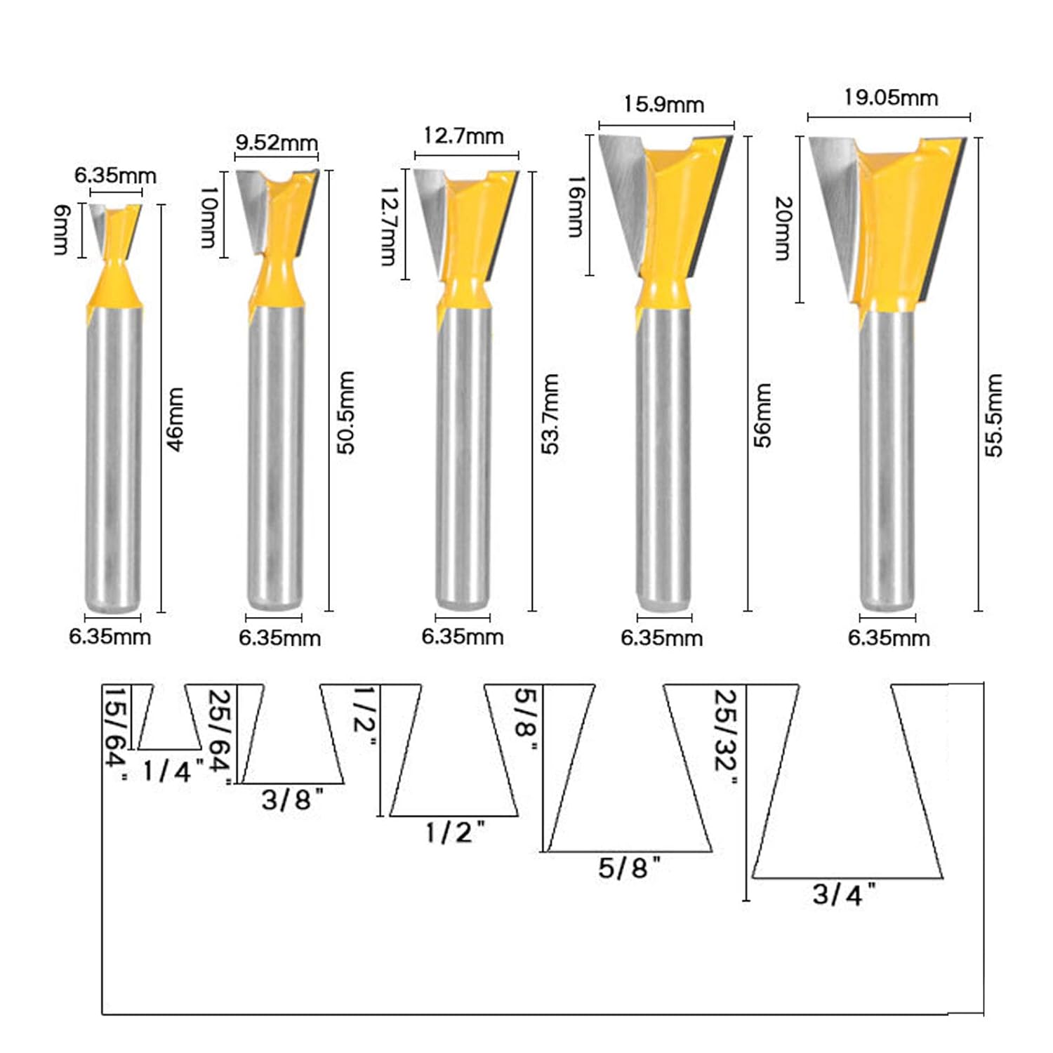 Dovetail Router Bit 1/4 Inch Shank 1/2 & 5/8 Inch Cutting Diameters 14 Angle Wood Milling Cutter Tipped for Dovetail Jigs Fence Systems or CNC Automatic Routers 2 Pcs - - 
