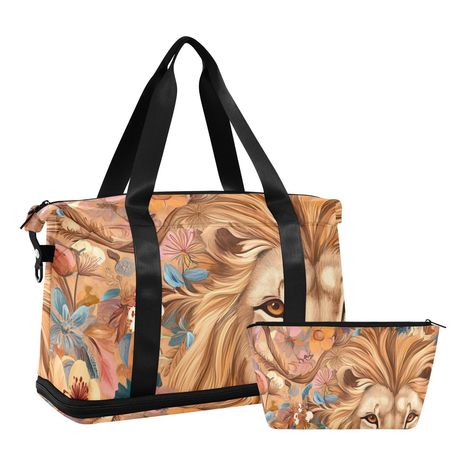 Bolsa de lona para fin de semana con bolsillo húmedo y correa ajustable, diseño de flores de león, para entrenamiento, juego de 2 piezas para hombres y mujeres