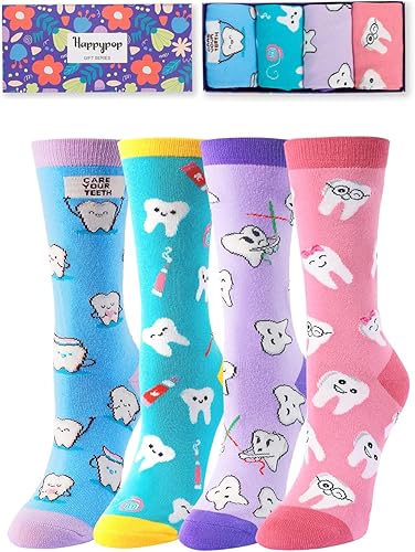 HAPPYPOP Calcetines divertidos para enfermera, médico, dentista, regalos novedosos para asistente dental en paquete de 4