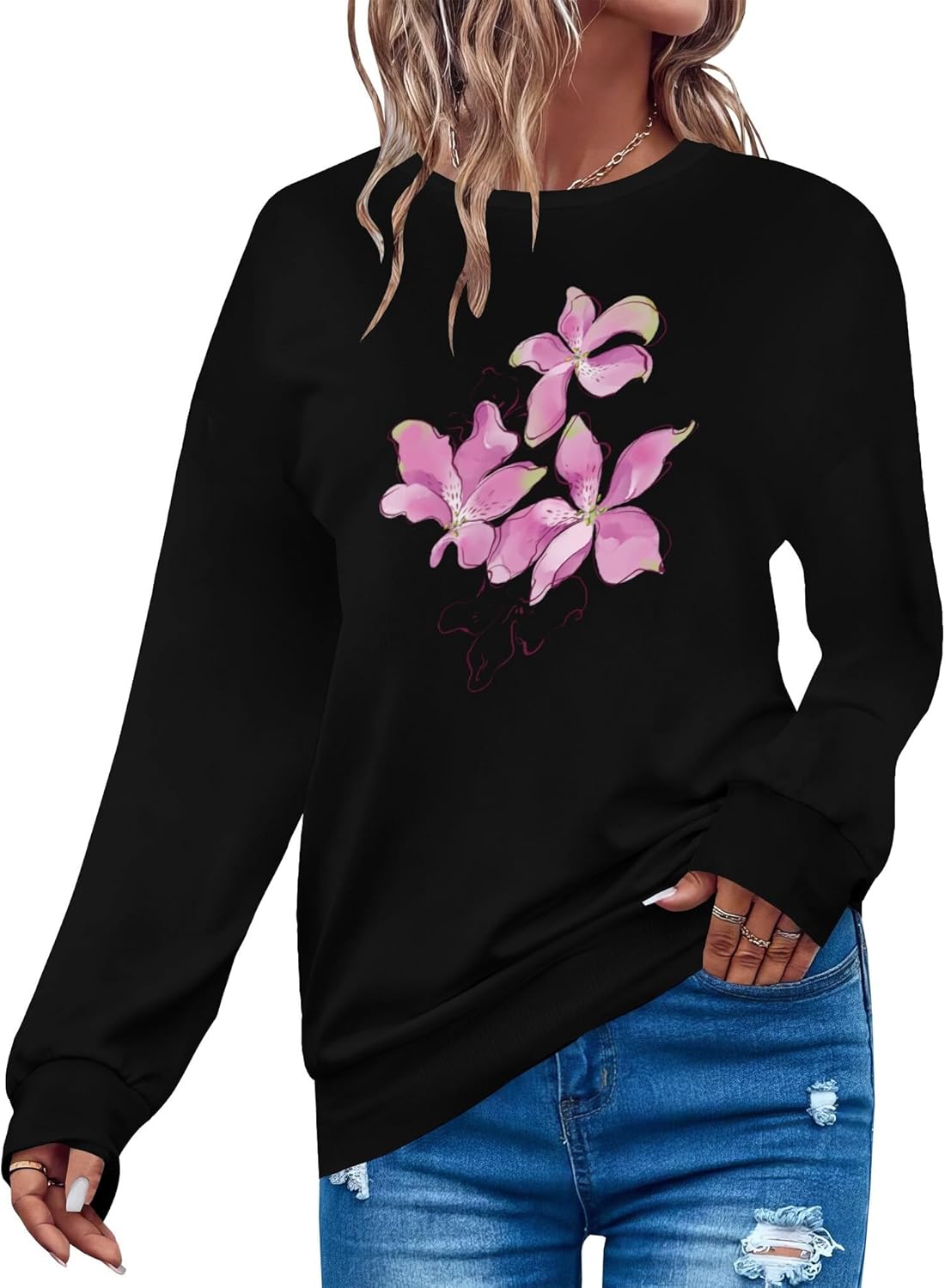 domirica Fashion Sweatshirt Elegant Long Sleeve Crewneck Loose Fit Sweatshirts For Women Retro Casual Wear Vacation Clothes