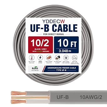10/2 UF-B Wire - 10FT 100% Pure Copper 10AWG 2 Connector Direct Burial Electrical Cable for Underground Feeder Wet or Corrosive Locations Indoor & Outdoor etc