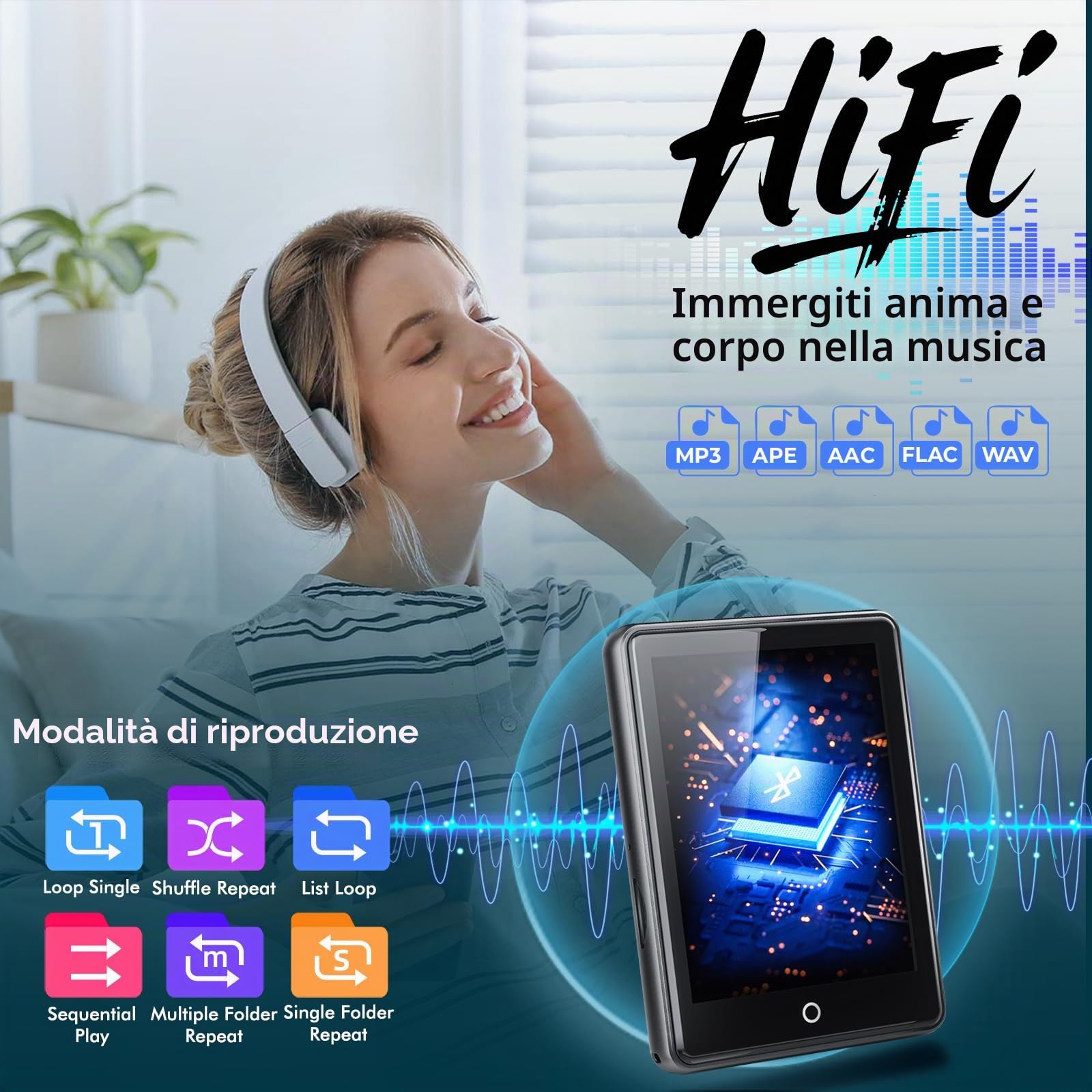 Lettore MP3 da 64 GB, Bluetooth 5.3, touch screen da 2,8 pollici, cassa in zinco, suono e altoparlante Hi-Fi, durata della batteria di 48 ore, rumore bianco (18 suoni), cuffie e custodia, espandibile