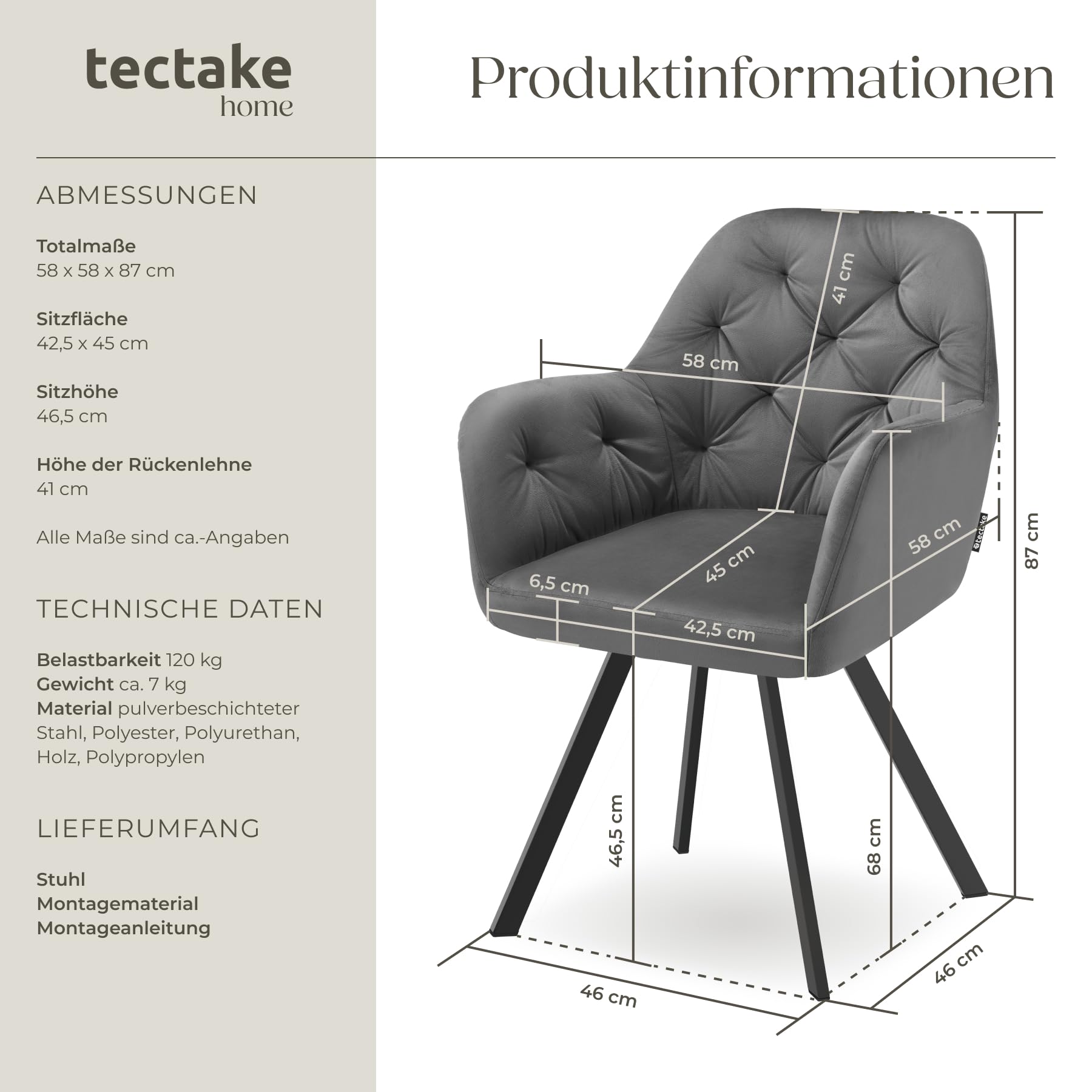 tectake® Esszimmerstuhl drehbar mit Armlehne, Samtstoff Drehstuhl ergonomisch, Möbel für Wohnzimmer, Stühle für Dining Lounge, Office, als Schminkstuhl oder Schreibtischstuhl - anthrazit