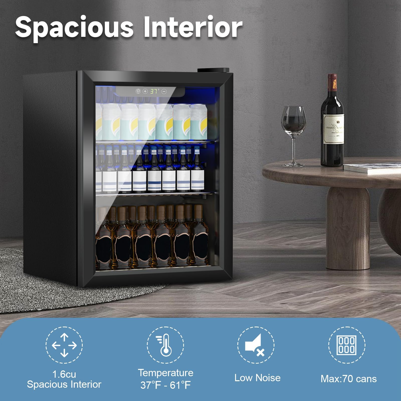 Stopasd Beverage Refrigerator Cooler, 1.7 Cu.Ft/70 Can Drink Fridge With Adjustable Shelves & Clear View Door Soda Wine Beer, Quiet Undercounter Small Fridge For Home/Office/Bar/Garage(40-61 ℉), Black on Fridge.com - View 5