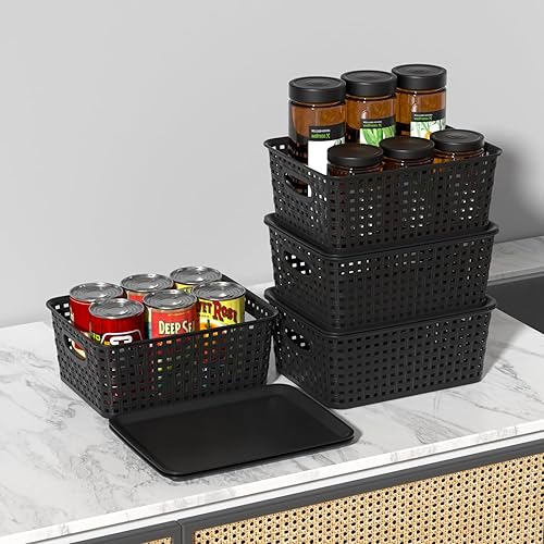 Miniatura 4 de Begale Paquete de 6 cestas de almacenamiento de plástico, contenedor de almacenamiento tejido, 3 negros y 3 grises