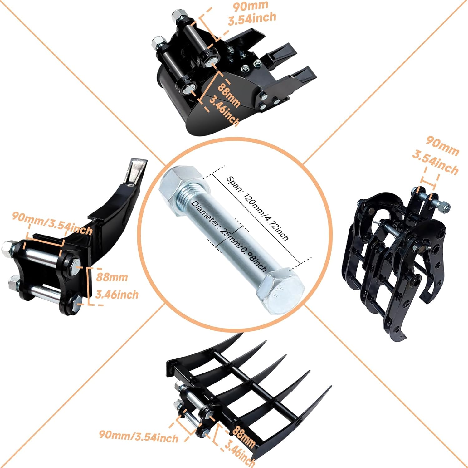 Mini Excavator Attahment, Ripper, Rake, 200mm Auger, Grapple, 200mm Narrow Bucket for Excavator, 8pcs Attachment Kit for Excavator Digging, Soil Loosening, Ditch Cleaning, Grab Wood, Drill Hole