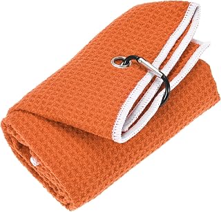 24 in x 16 in Golf Towel - Tri-Fold Microfiber Waffle Pattern Golf Towel Portable Strong Water Absorption with Lock Clip Use for Cleaning Ball & Ball Club & Bag - [Orange]