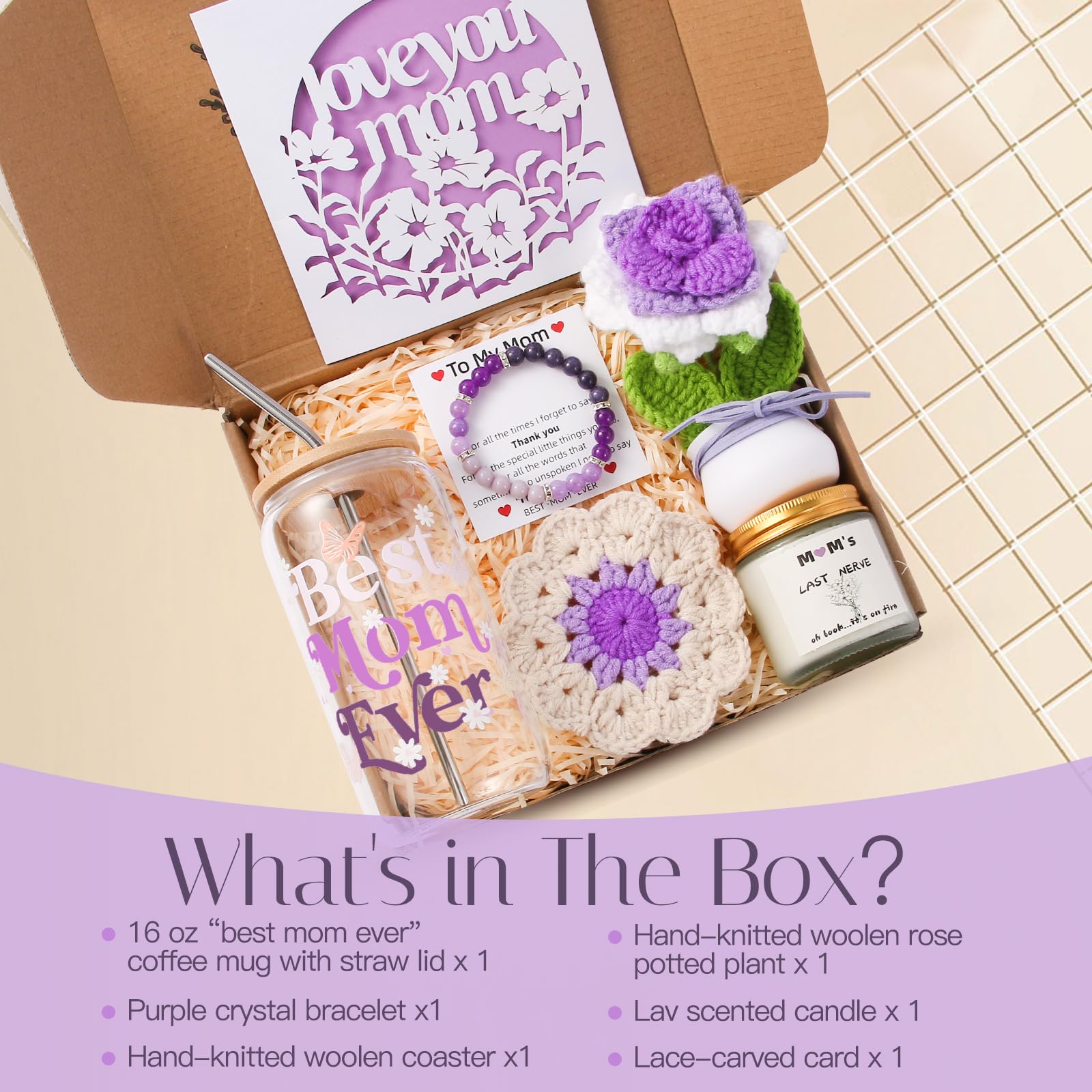 Mothers Day Gift For Mom From Daughter,Son,Kid,Husband,Personalized Gift Box For Mama With Floral Card, Scented Candle, Best Mom Ever Tumbler, Handcrafted Crochet Flowers,Beaded Bracelet (Purple Theme)