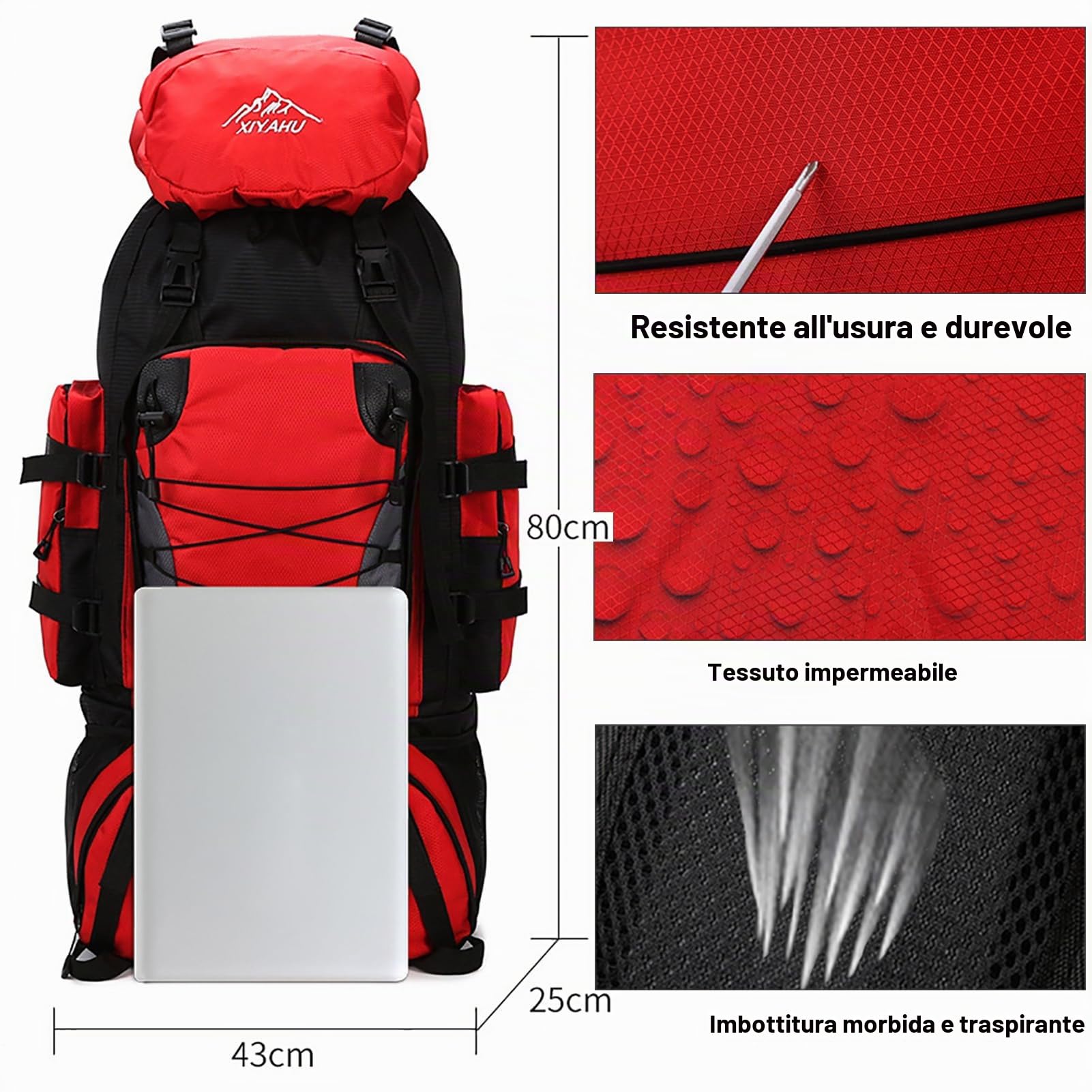 Zaino da Trekking 80L - 90L Impermeabile Zaini da Escursionismo Zaino Viaggi di Campeggio Montagna per Donna e Uomo Zainetto Leggero Zaino per Alpinismo Arrampicata Ciclismo,Rosso
