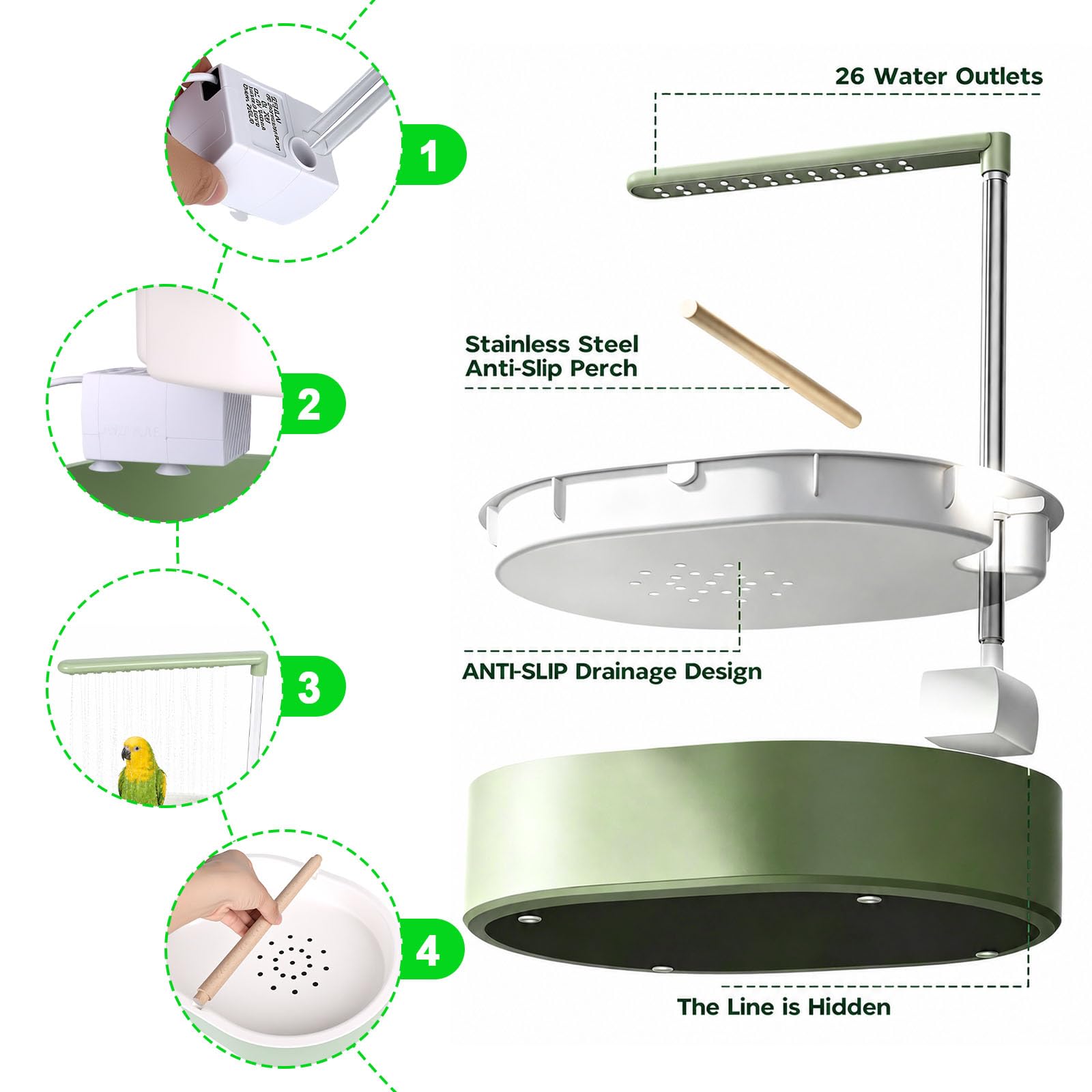 Ducha para pájaros, periquitos, ducha con bomba USB, ciclo de agua, para periquitos, periquitos, cacatúas, verde