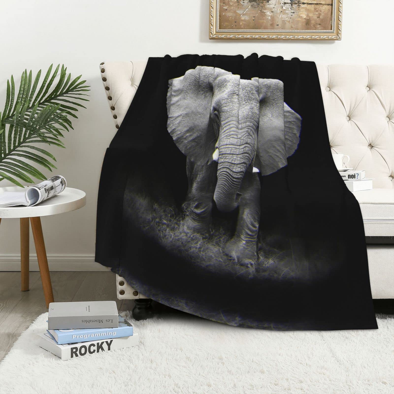 Couverture flanelle motif éléphant gris plaid canapé lit toutes saisons léger
