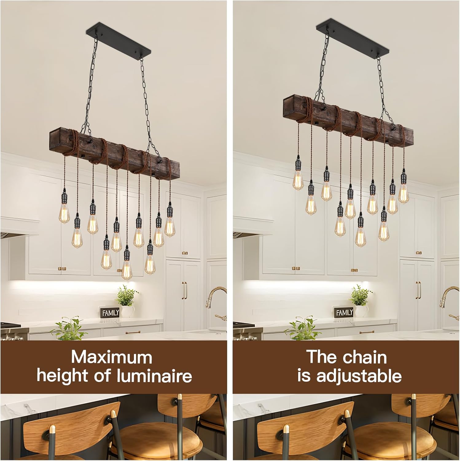KEESFU 10-Lights Rustic Chandeliers for Dining Room, Farmhouse Wooden Ceiling Pendant Light, Height Adjustable, Rectangle Chandelier for Kitchen Island Dining Room Bar Pool Table Cabin.