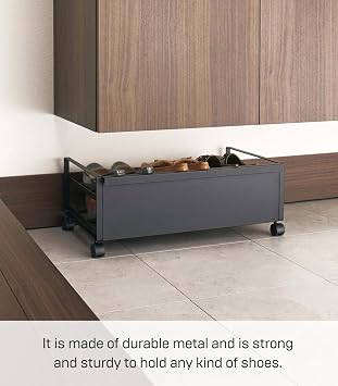 YAMAZAKI Home Frame Rolling Shoe Rack, Compact Entryway Or Bedroom Metal Shoe Organizer With Wheels, Steel - Holds 4 Shoes, 6 Heels