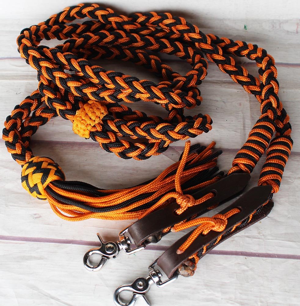 PRORIDER Horse Roping Western Barrel Split Reins Nylon Braided Black Orange Tack 607136