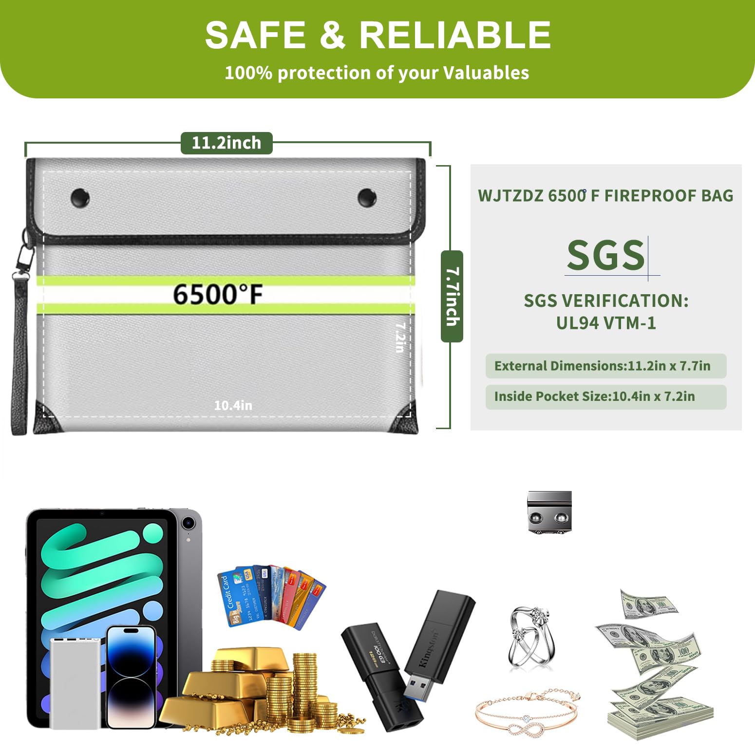 6500°F Upgraded Fireproof Money Bag,10 Layers of Heat Insulated Materials,Fire Proof Box with Waterproof Zipper/Reflective Strip,Document Bag with Handle for Cash,Important Documents - Image 6