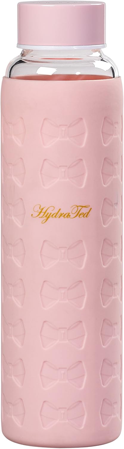 Ted Baker | Glass Water Bottle | Pink | Screw Top Lid | Silicone Sleeve | 360ml Capacity