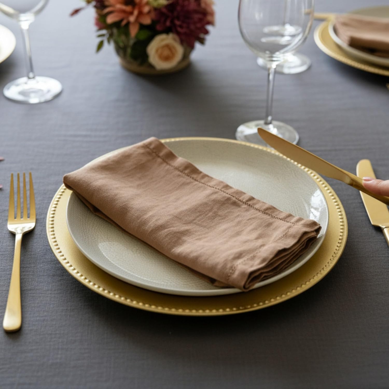 Hemstitched Linen Napkins – 20 Inch x 20 Inch – Stonewashed Pure Linen Cloth Dinner Napkins with Mitered Corners - 100% French Flax – Machine Washable - Set of 4 (Caramel)