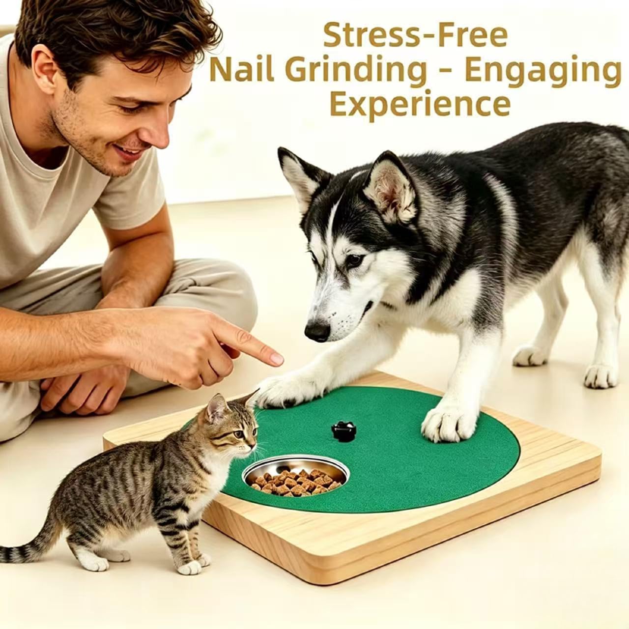 Adjustable Resistance Dog Nail Scratch Board with Stainless Steel Treat Bowls, Non-Slip Wood Interactive Nail File Pad for Stress-Free Paw Care & Slow Feeding – 1050g